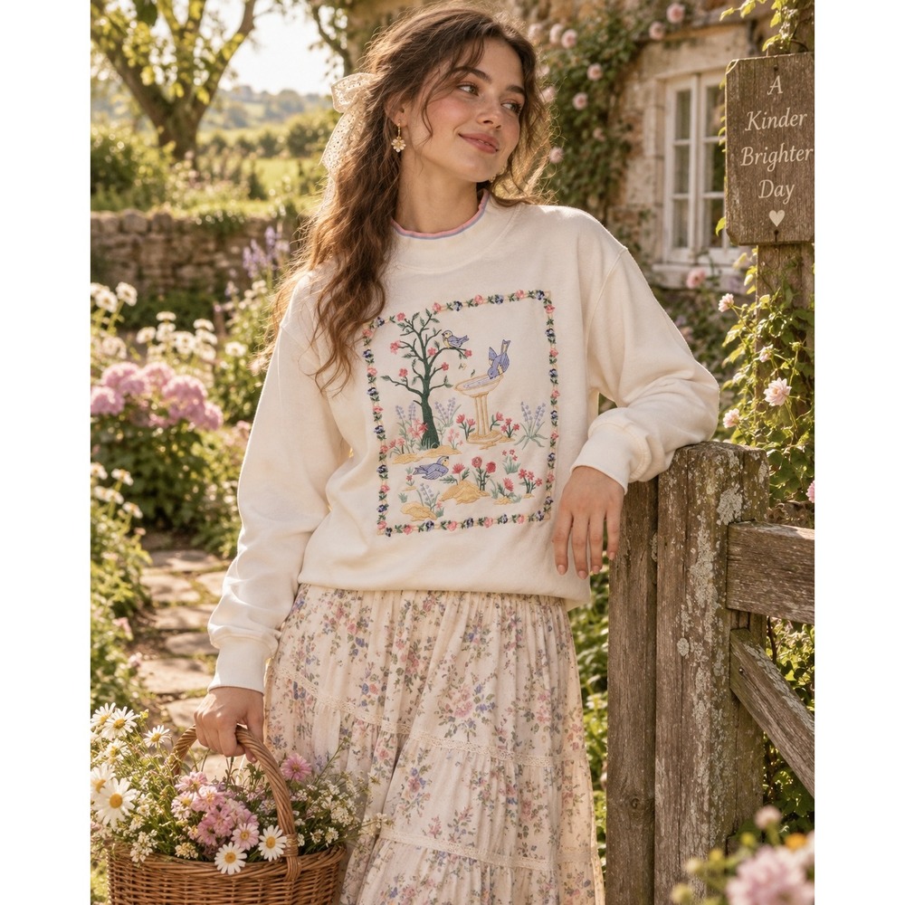 Vintage Alfred Dunner Cream Embroidered Bird Garden Mock Neck Sweatshirt Small